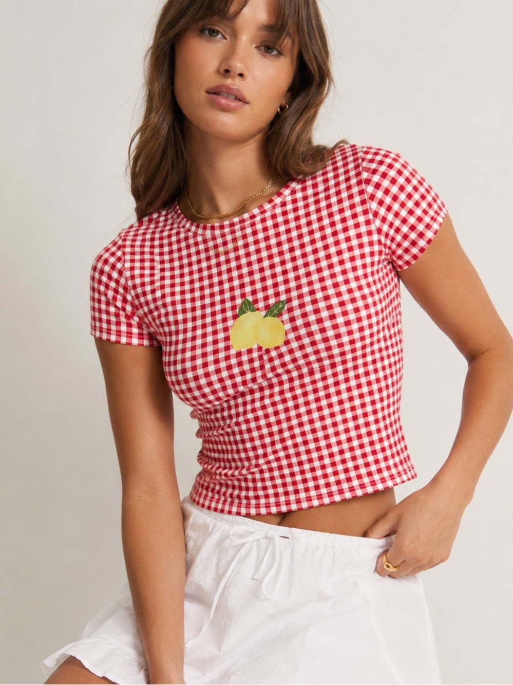 Princess Polly Marcello Red Gingham Lemon Graphic Top US 6
